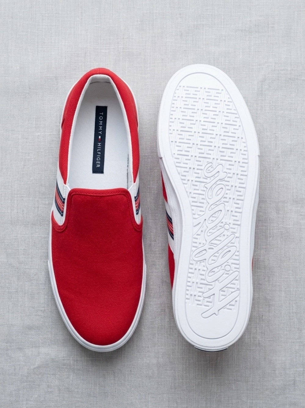 Tommy Hilfiger Red Slip-On Canvas Sneakers with Flag Stripe